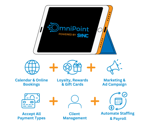 Sync's OmniPoint point of sale system can streamline your business processes including; calendar and online booking, loyalty and rewards, marketing and ad campaigns, accepting all payment types, client management, and automating staffing and payroll..